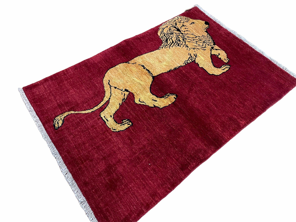 3 X 5 Handmade Hand-Knotted Quality Wool Rug Lion Red Veg Dyes Tribal Pictorial - Jewel Rugs, view 2