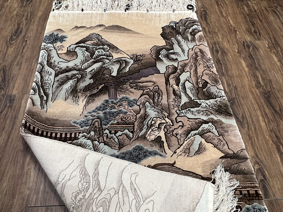 Silk Chinese Wall Hanging Rug 3x6 ft Tapestry, Pagoda Scene, Pictorial, High Quality Fine Hand Knotted Vintage, Asian Oriental Handmade Nice - Jewel Rugs, view 12