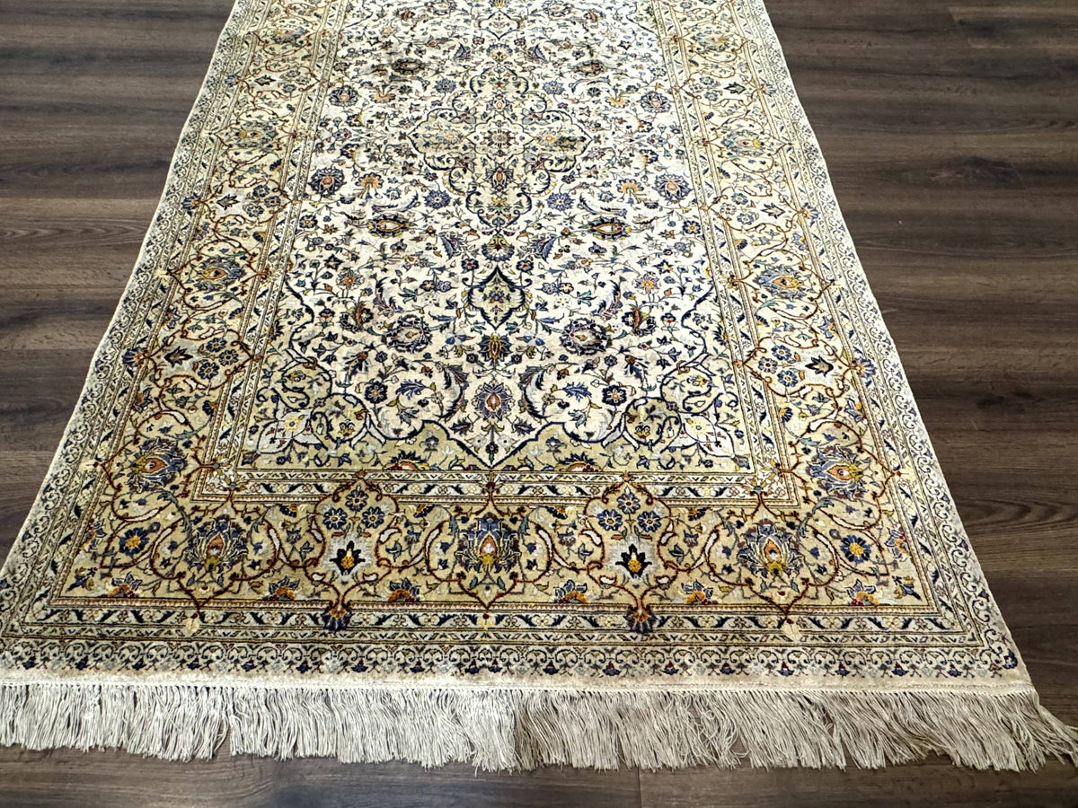 Rare Silk Persian Kashan Rug 4.6 x 7, Antique Fine 310 KPSI, Ivory - Jewel Rugs, view 5