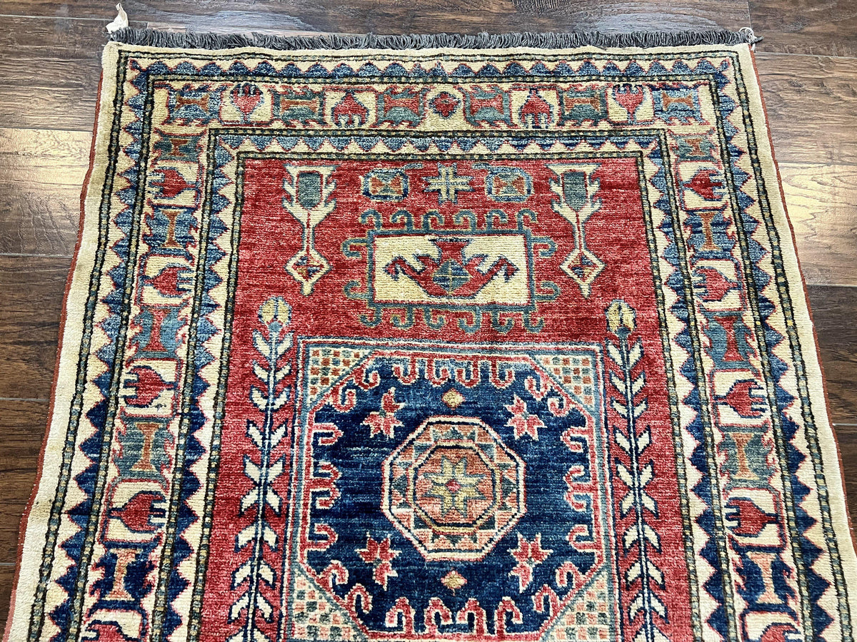 Turkish Kazak Rug 3x4, Wool Hand Knotted Small Vintage Carpet, Red Navy Blue, 3 x 4 Oriental Rug, Geometric Design - Jewel Rugs, view 10
