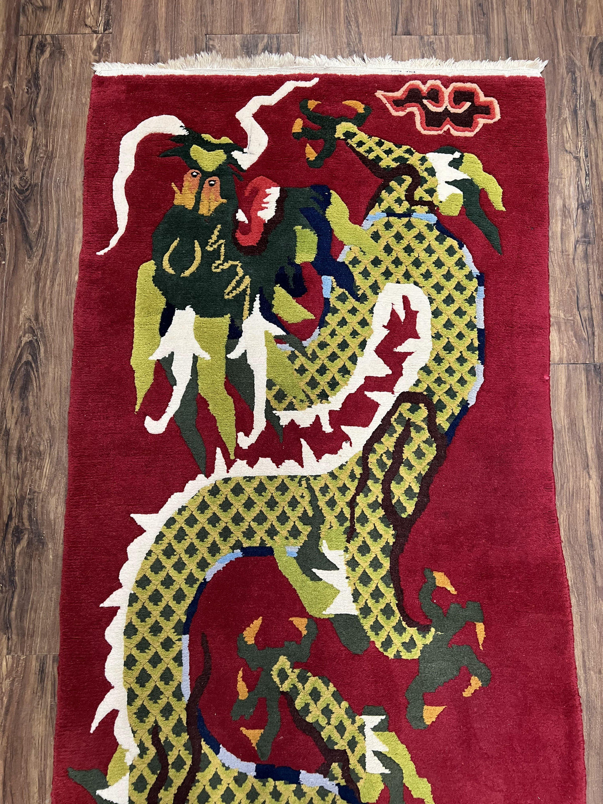 Vintage Chinese Dragon Rug 3 x 6.8, Handmade Hand Knotted Red Chinese Carpet with Gold Dragon, Art Deco Peking Soft Chinese Rug Runner - Jewel Rugs, view 5