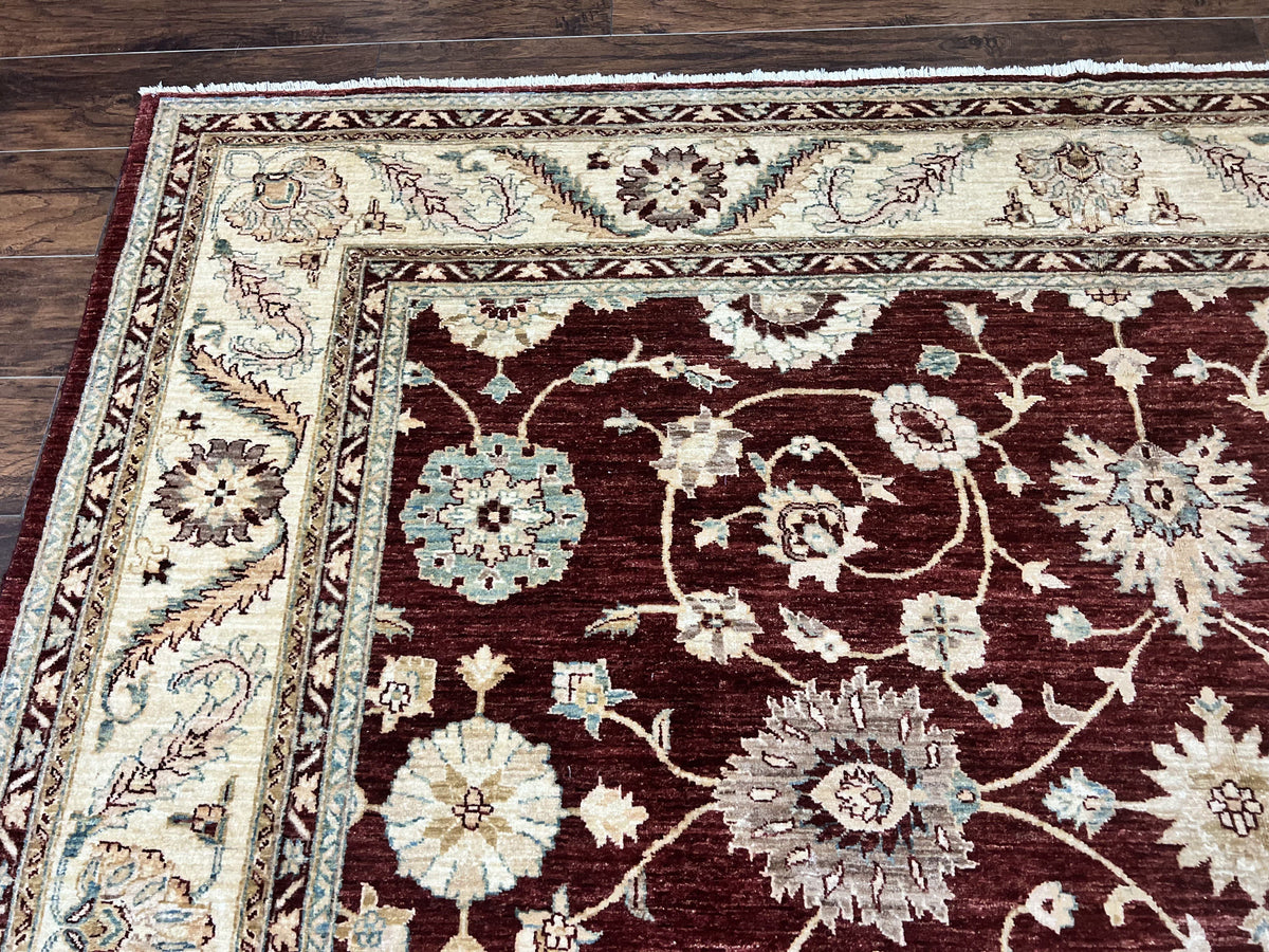 Peshawar Rug 9x11, Pakistani Oriental Carpet, Maroon and Beige, Floral Allover, Wool Hand Knotted Handmade Vintage Rug - Jewel Rugs, view 6