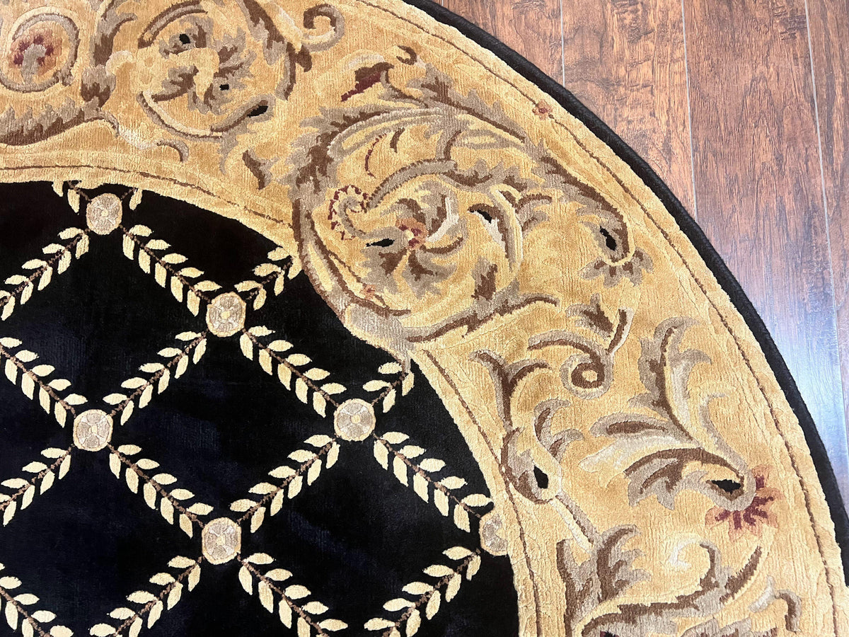 Oval Tibetan Rug 8x10, French Aubusson Design, Wool Handmade Vintage Carpet, Black & Beige, Soft Wool Pile - Jewel Rugs, view 8