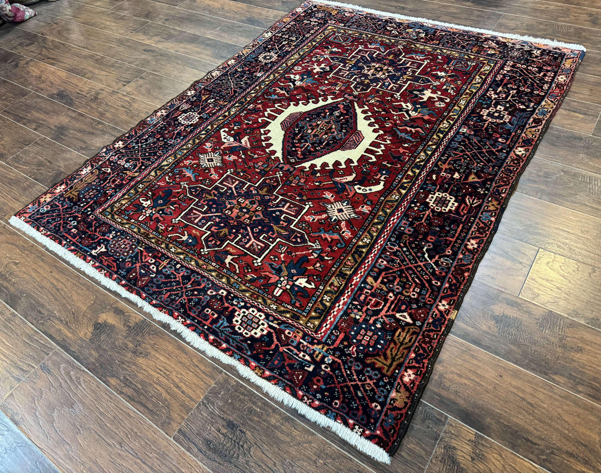 Persian Karajeh Rug 5x6, Antique Heriz Carpet, Geometric, Persian Tribal Rug, Brick Red Navy Blue - Jewel Rugs, view 3