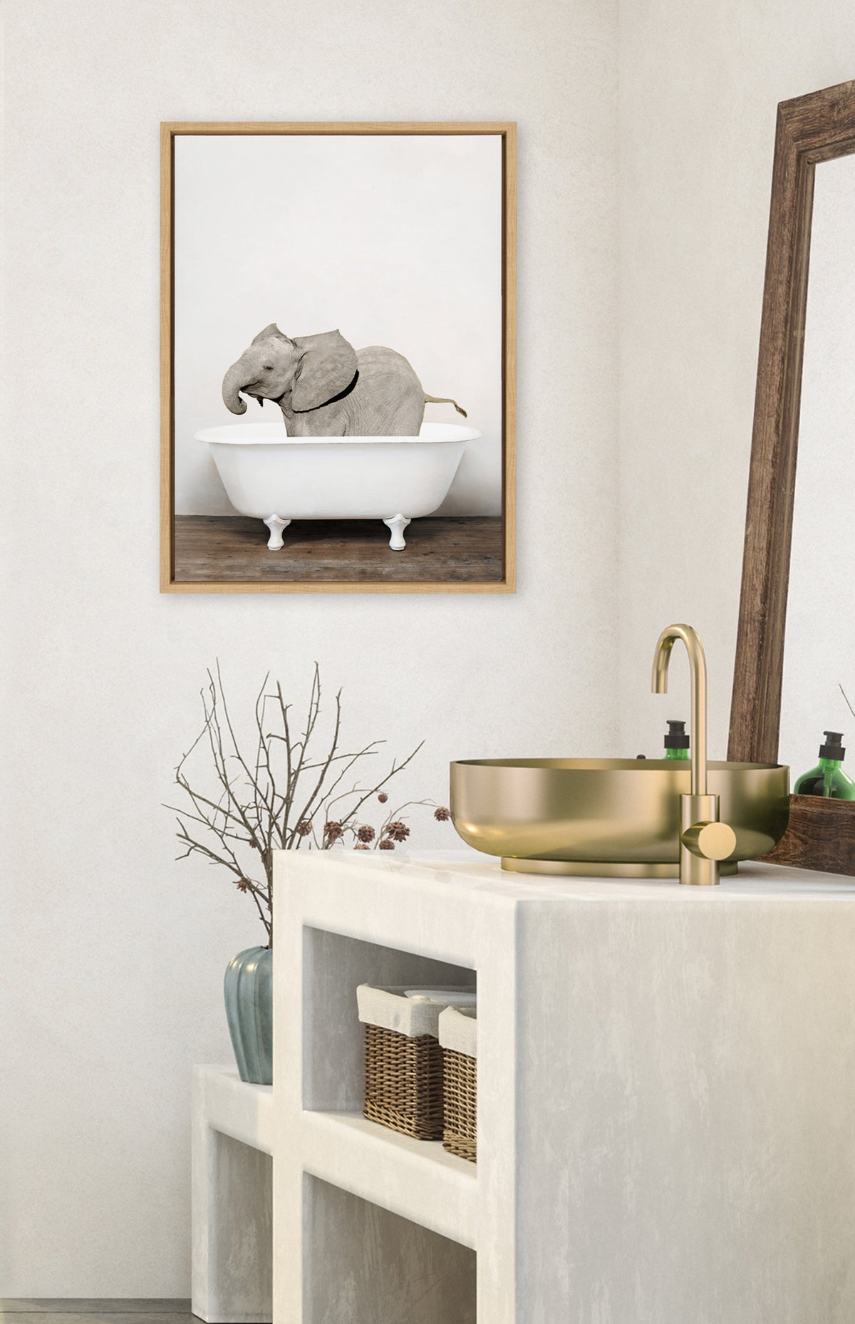 Sylvie Baby Elephant in the Tub Color Framed Canvas by Amy Peterson Art Studio