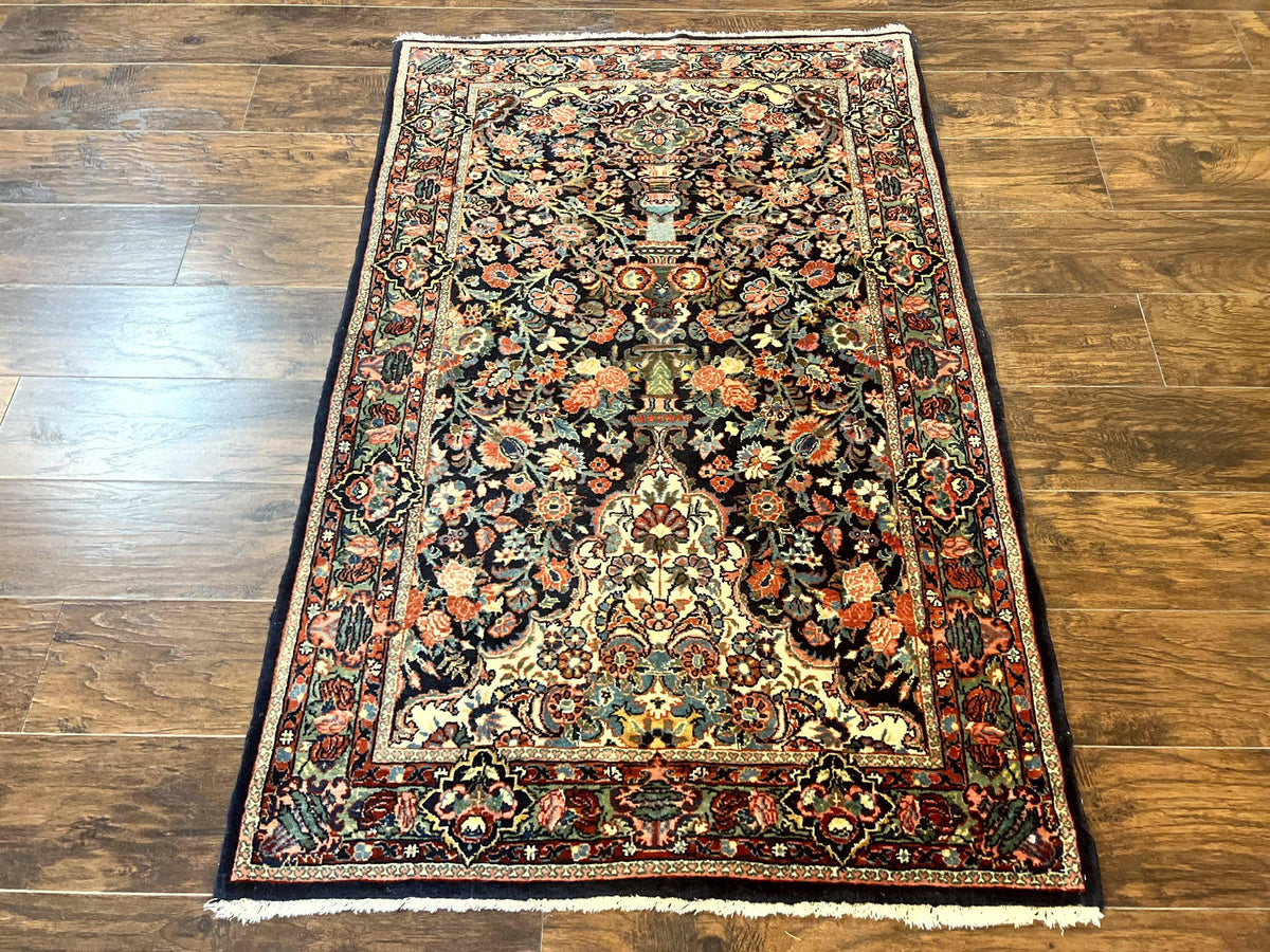Persian Saoruk Rug 4x5, Navy Blue and Red, Floral, Antique Persian Wool Carpet, Handmade - Jewel Rugs, view 2