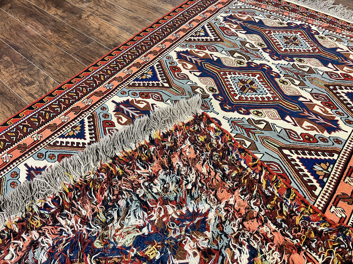 Russian Soumak Rug 6x8, Wool Handmade Antique Kilim Carpet, Multicolor 6 x 8 Geometric Medallions Caucasian Rug, Medium Size - Jewel Rugs, view 11