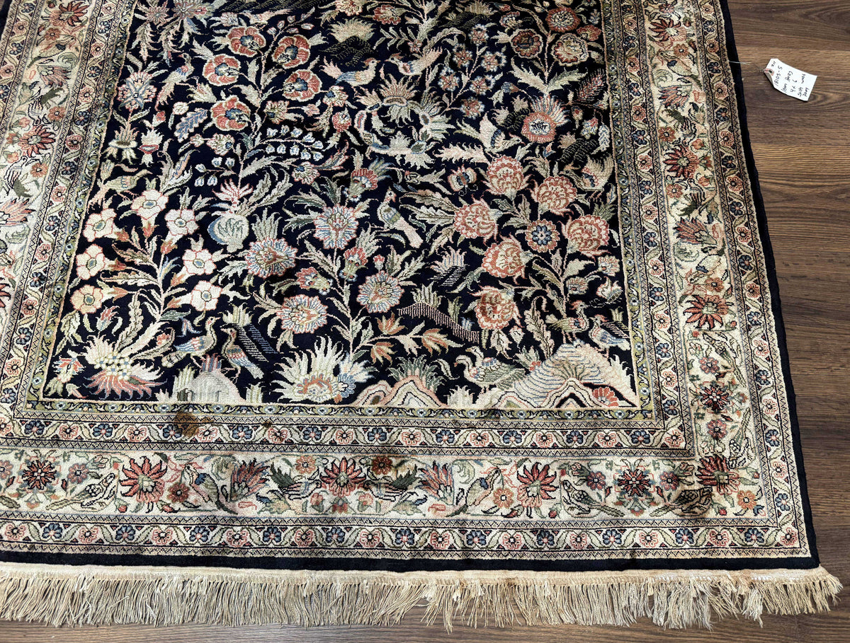 Silk Rug 4x6, Black and Cream, Floral & Bird Pictorials, Fine 330 KPSI, Sino Persian Rug - Jewel Rugs, view 10