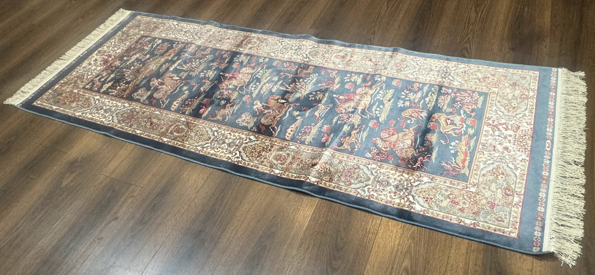 Turkish Silk Rug 2.6 x 6.7, Short Runner Rug, Blue & Ivory, Bamboo Silk, New - Jewel Rugs, view 12