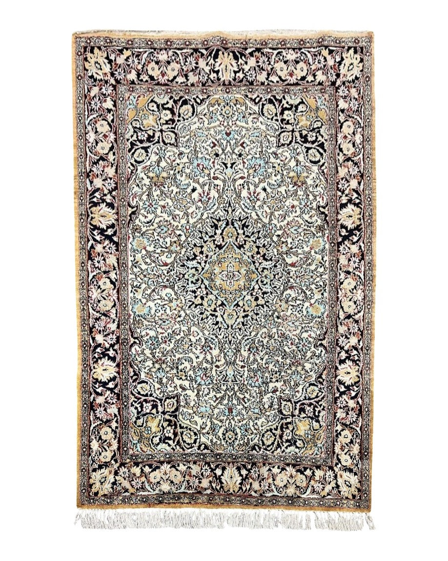 Silk Persian Qum Rug 4x5, Hand Knotted Vintage Carpet, Cream & Navy Blue, Silk Pile on Silk Foundation, Very Fine 360 KPSI - Jewel Rugs