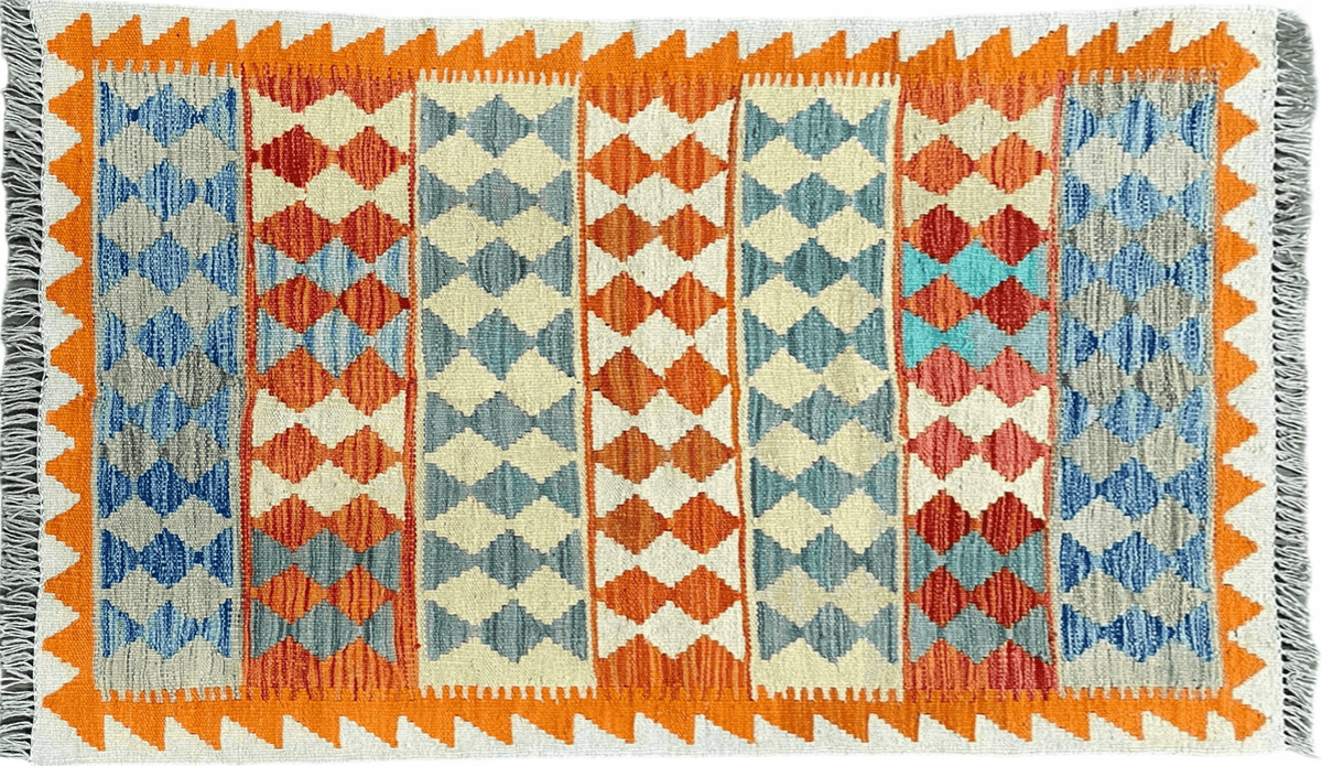 Small Chobi Kilim Rug 3x4 Colorful Diamond Kilim Small Turkish Multicolor Kilim with Diamond Pattern Wool Flatweave Nice - Jewel Rugs, view 3