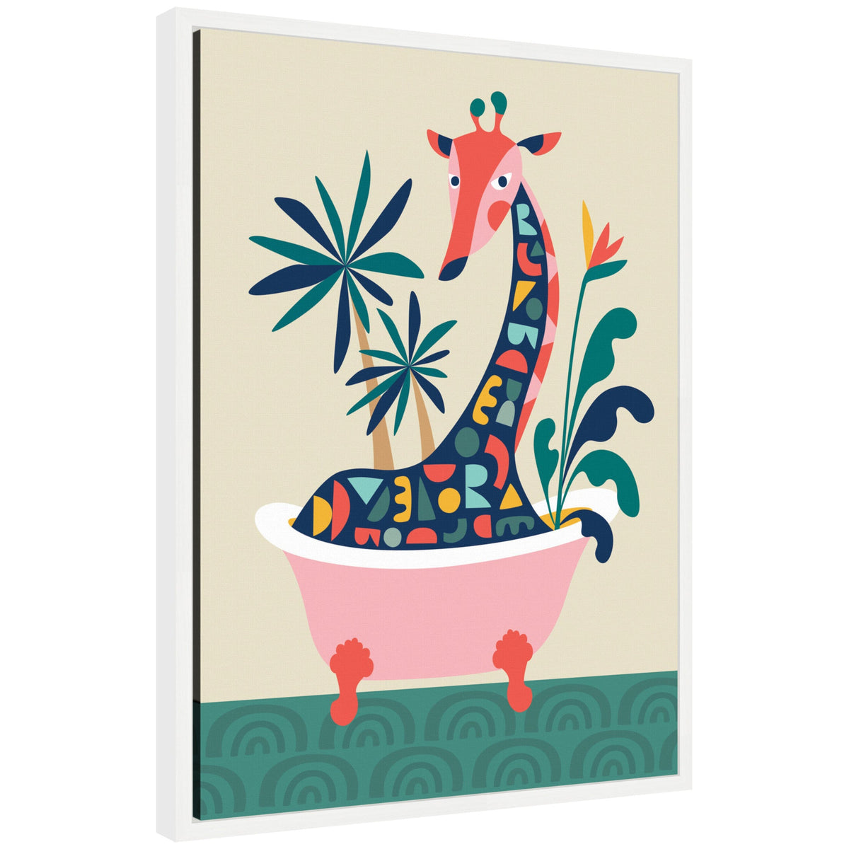Sylvie MCM Giraffe in Bathtub Framed Canvas by Rachel Lee