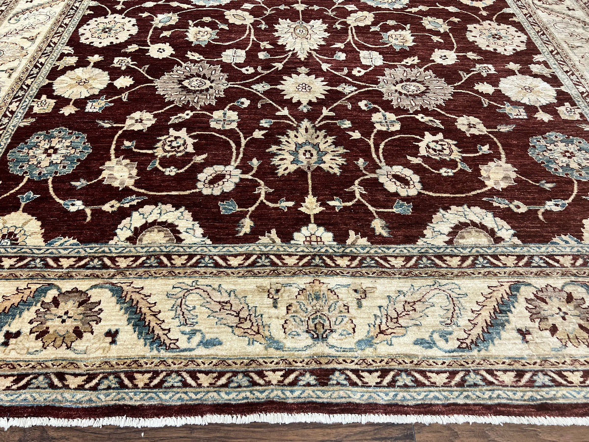 Peshawar Rug 9x11, Pakistani Oriental Carpet, Maroon and Beige, Floral Allover, Wool Hand Knotted Handmade Vintage Rug - Jewel Rugs, view 5