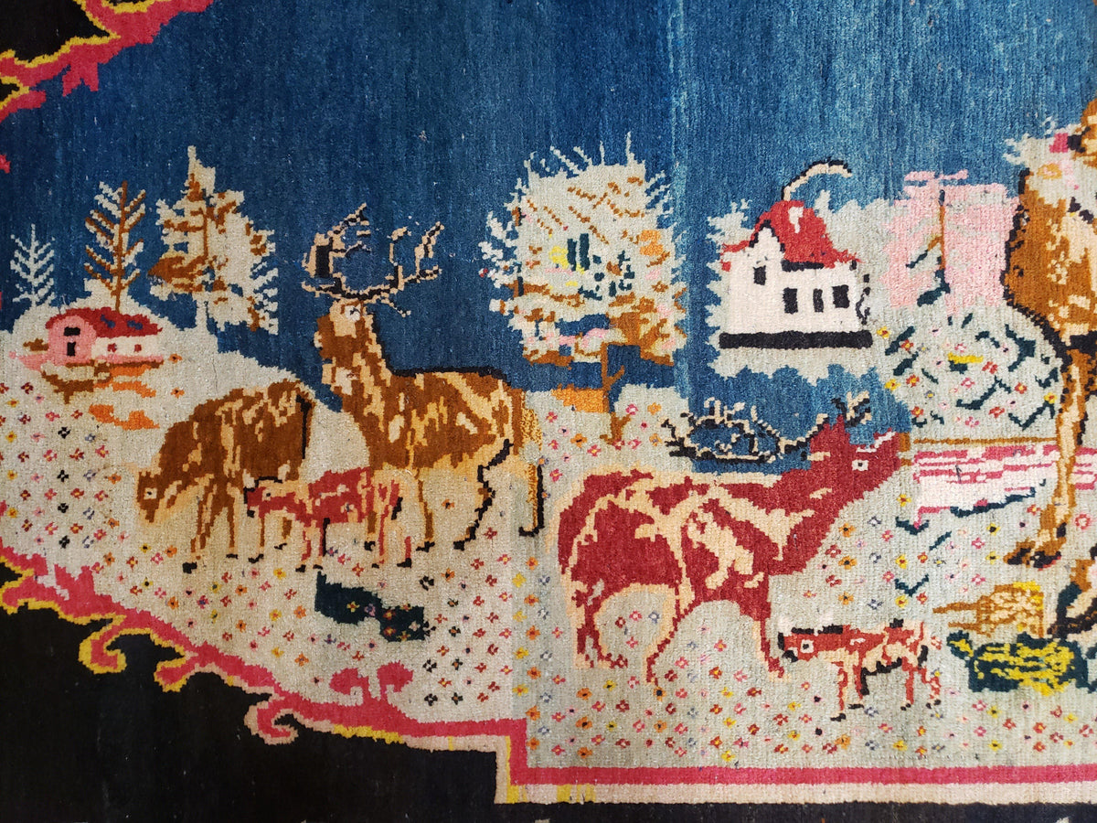 Antique Persian Pictorial Rug 4'6" x 9', Wool Hand-Knotted Blue Roses Karabagh Caucasian Carpet, 1920s Girl Deer Tapestry Wall Hanging Rug - Jewel Rugs, view 11