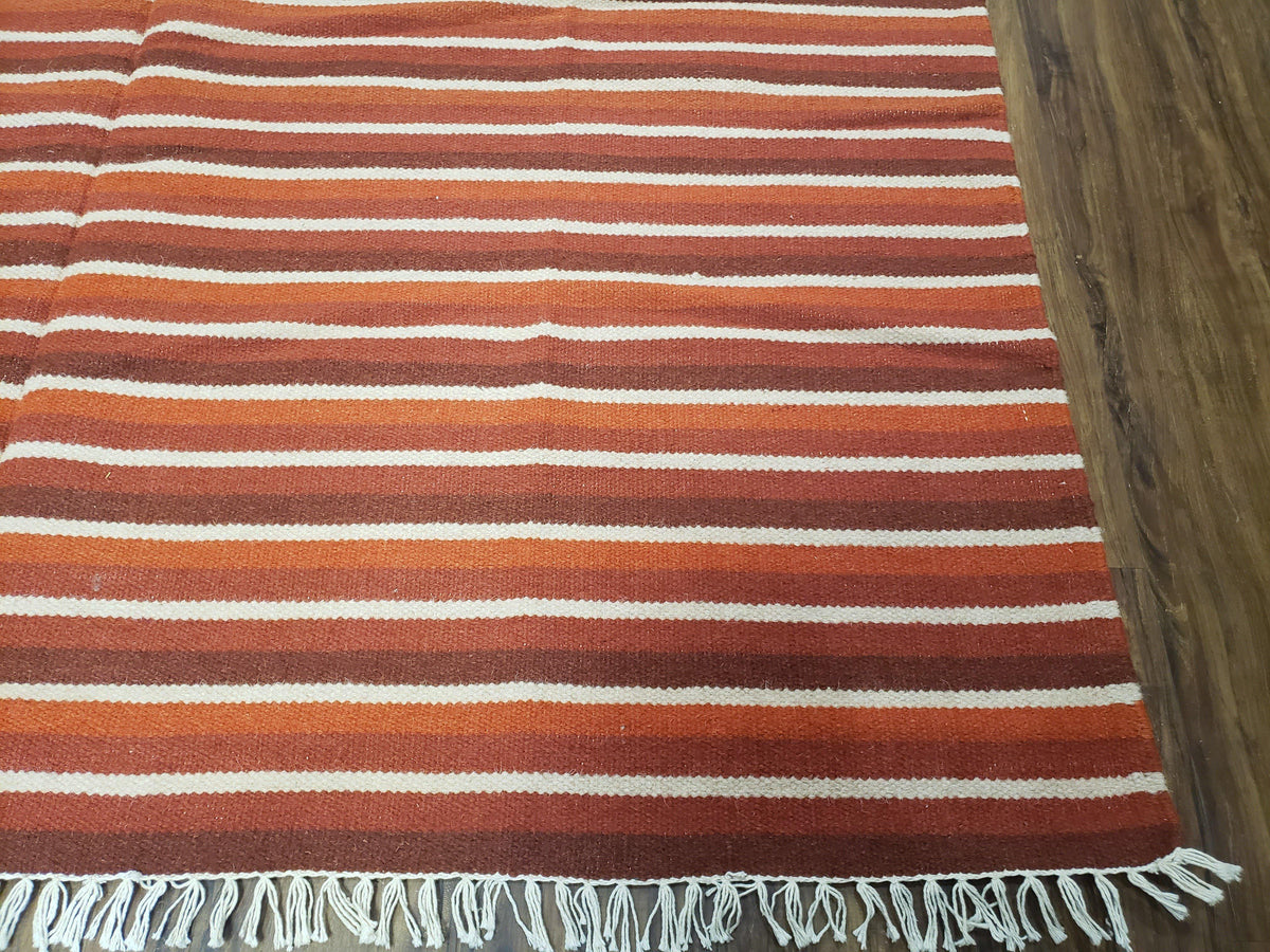 Large Striped Woolen Handmade Throw Blanket, Twin Size Bedding Hand-Woven, Indian Kilim Area Rug, 6x8 - 7x8, South American Style Textile - Jewel Rugs, view 10