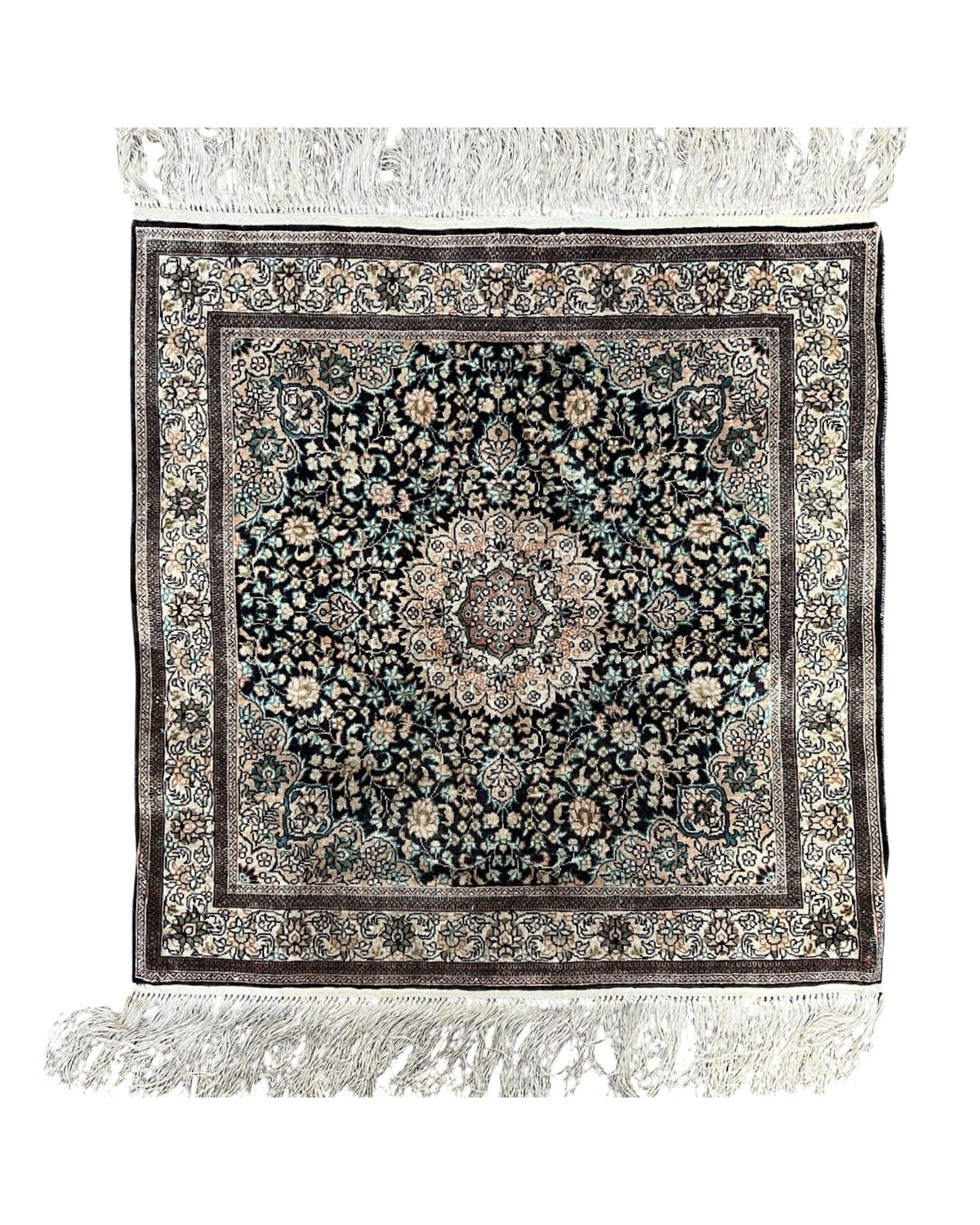 Sino Persian Silk Rug 2x2 ft, Very Fine High KPSI Small Silk Oriental Carpet, Hand-Knotted, Medallion, Vintage Silk Rug, Black Ivory/Cream - Jewel Rugs