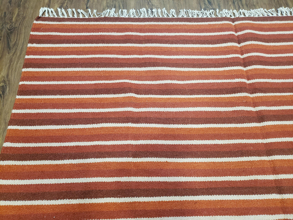 Large Striped Woolen Handmade Throw Blanket, Twin Size Bedding Hand-Woven, Indian Kilim Area Rug, 6x8 - 7x8, South American Style Textile - Jewel Rugs, view 7