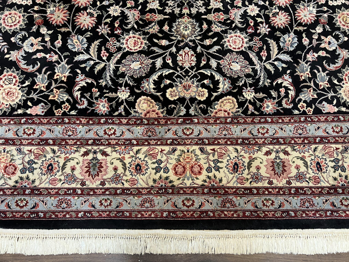 Pak Persian Rug 9x12, Floral Allover, Hand Knotted Oriental Carpet 9 x 12 ft, Black and Cream, Detailed, Wool with Silk Highlights, Vintage - Jewel Rugs, view 5