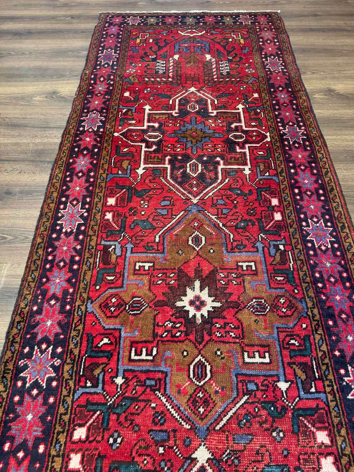 Persian Heriz Karajeh Runner Rug 3.7 x 12, Geometric Medallions, Red and Navy Blue - Jewel Rugs, view 3
