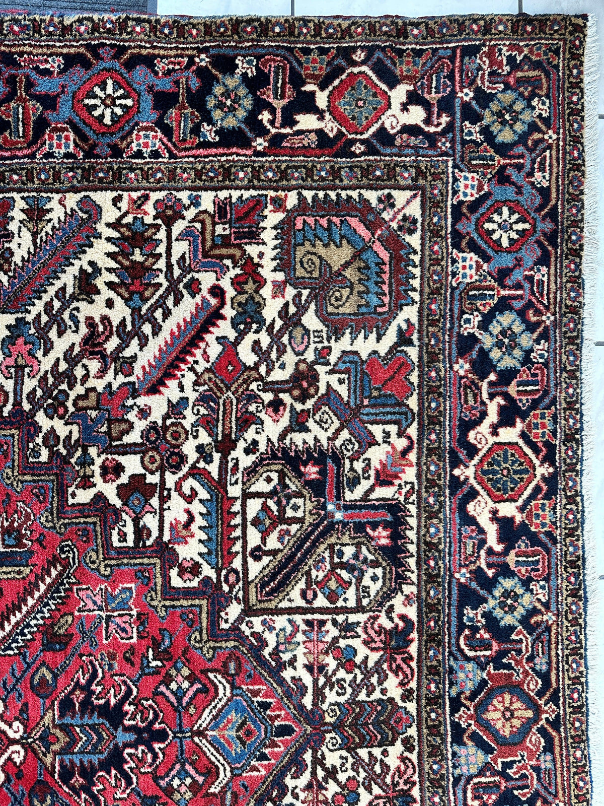 Vintage Persian Heriz Rug 9x12 | Red, Ivory & Navy | Hand-Knotted Wool - Rugistan, view 9