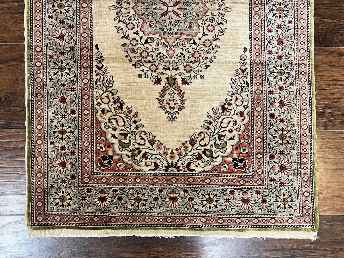 Silk Turkish Kayseri Rug 2x3, Very Finely Hand Knotted, Semi Open Field, Vintage, Silk Pile on Silk Foundation, 300 KPSI - Jewel Rugs, view 6