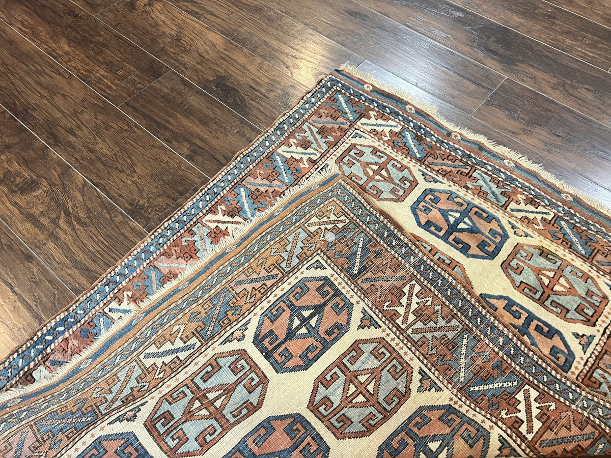 Turkish Kazak Rug 3x4, Wool Hand Knotted Handmade Vintage Carpet, Geometric Tribal Repeated Motif, Small 3 x 4 Antique Rug, Cream Red - Jewel Rugs, view 11