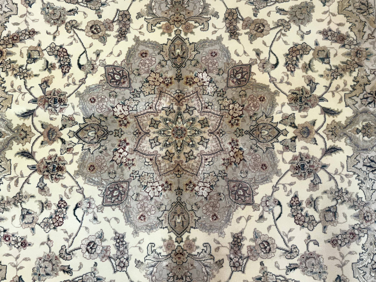 Sino Persian Rug 6x9, Floral Medallion, Ivory & Taupe, Wool with Silk Highlights, Fine 210 KPSI - Jewel Rugs, view 4