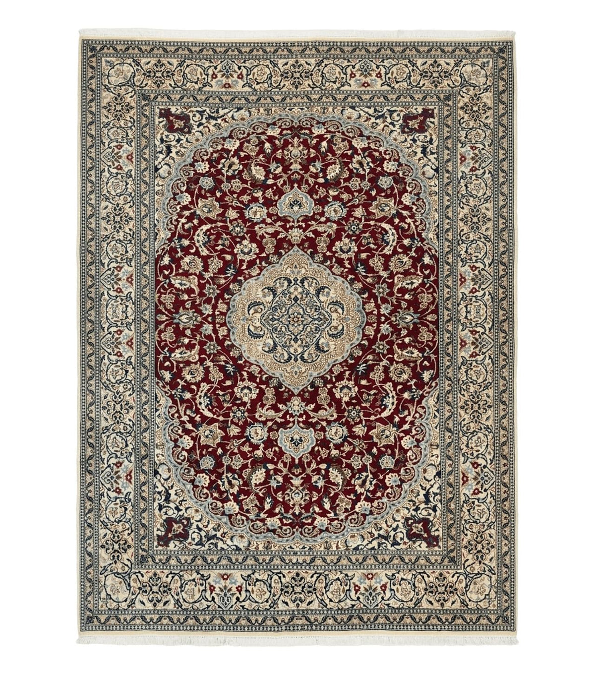 Persian Nain Rug 8x11, Wool and Silk Highlights, Burgundy & Ivory - Jewel Rugs