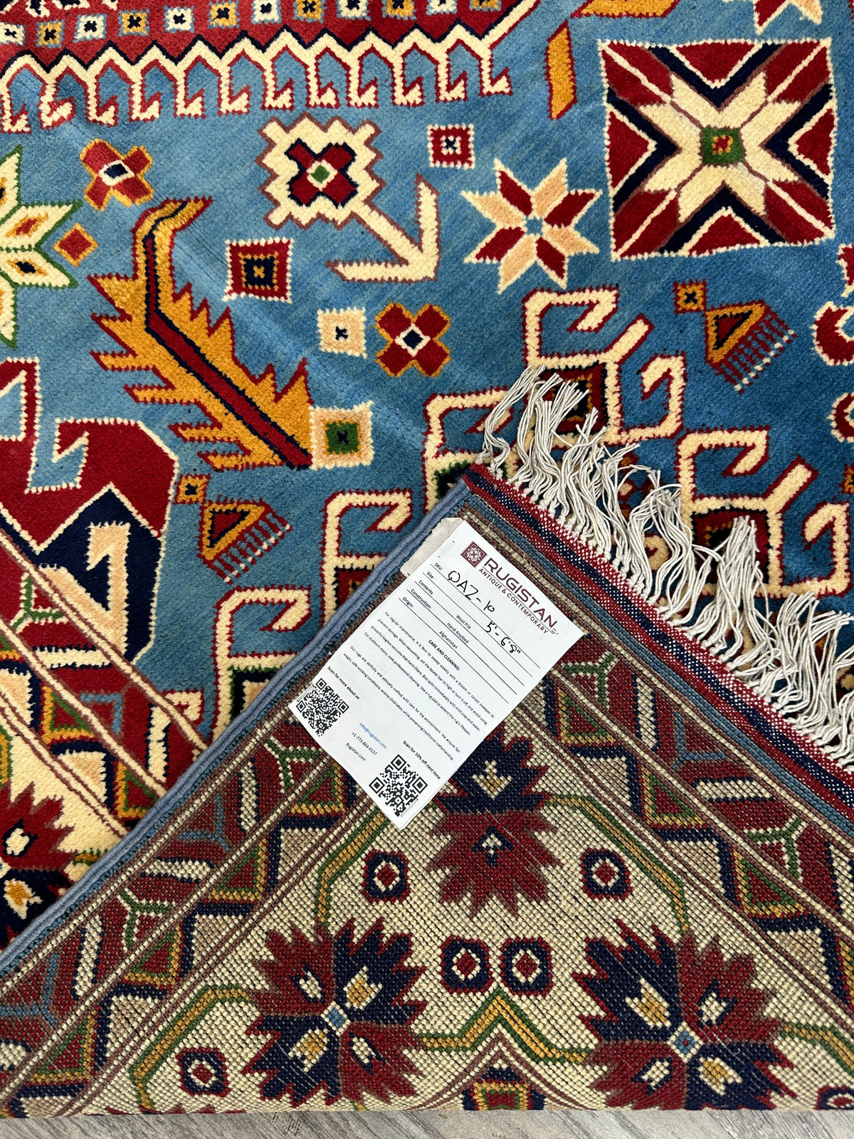 Afghan Kazak Rug 5x7 | Light Blue, Ivory & Burgundy | Hand-Knotted Wool - Rugistan, view 6