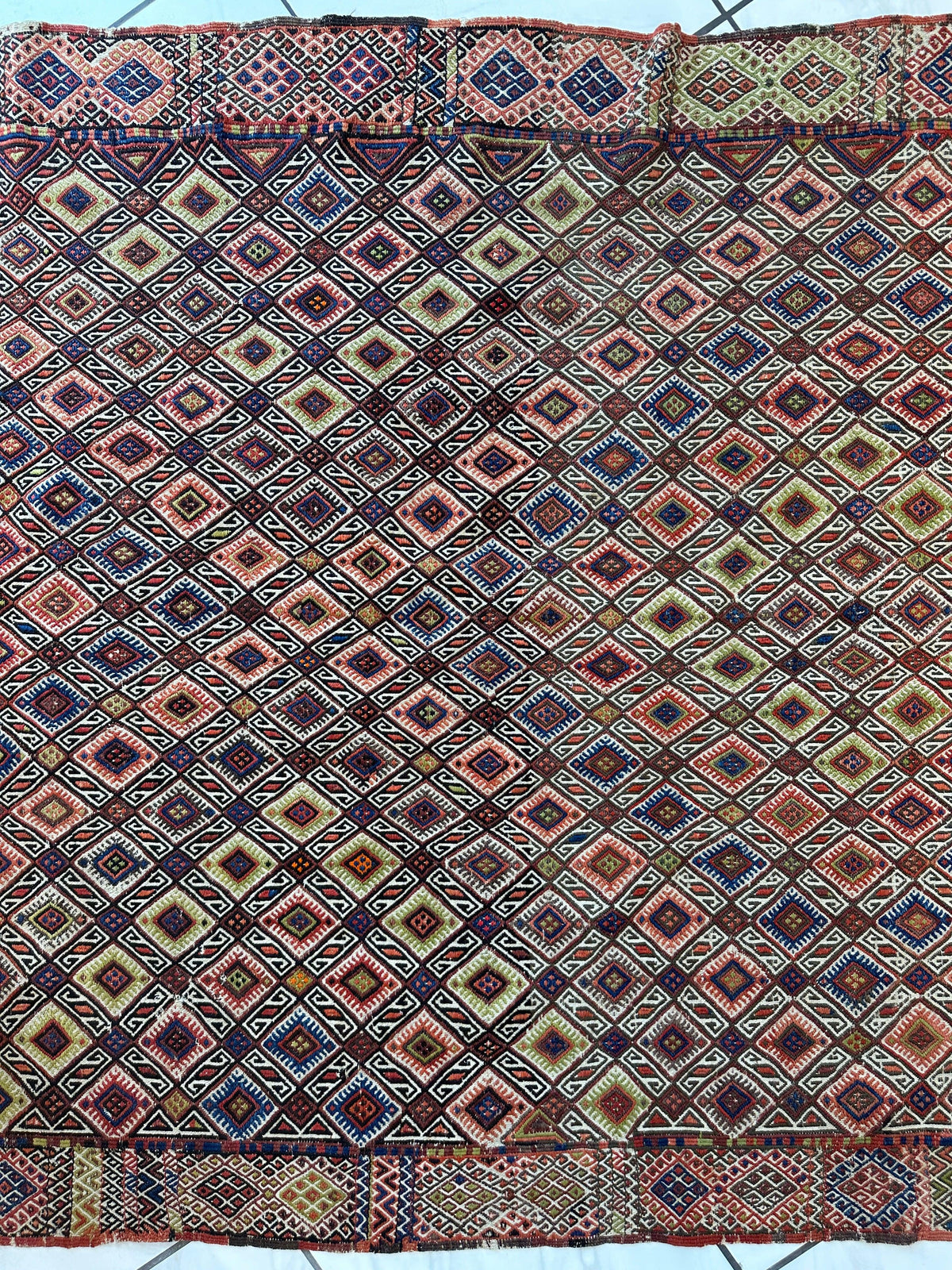 Antique Turkish Kilim Runner 5x14 | Red, Navy & Ivory | Hand-Woven Wool Flatweave - Rugistan, view 8