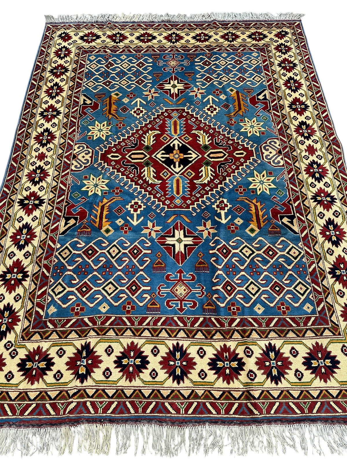 Afghan Kazak Rug 5x7 | Light Blue, Ivory & Burgundy | Hand-Knotted Wool - Rugistan, view 3