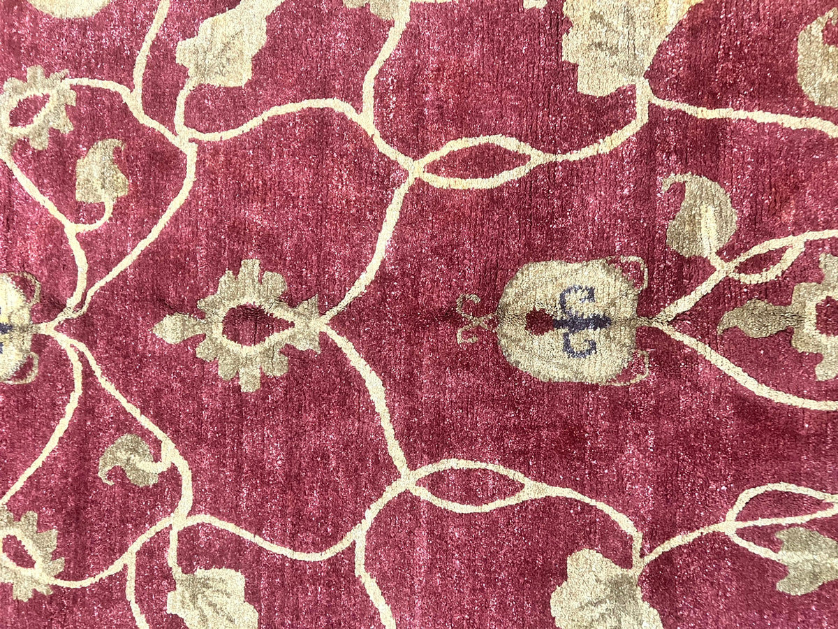 Tibetan Aubusson Rug 8x10, Maroon and Beige, Floral, Handmade, Wool, Vintage, Traditional Rug - Jewel Rugs, view 5