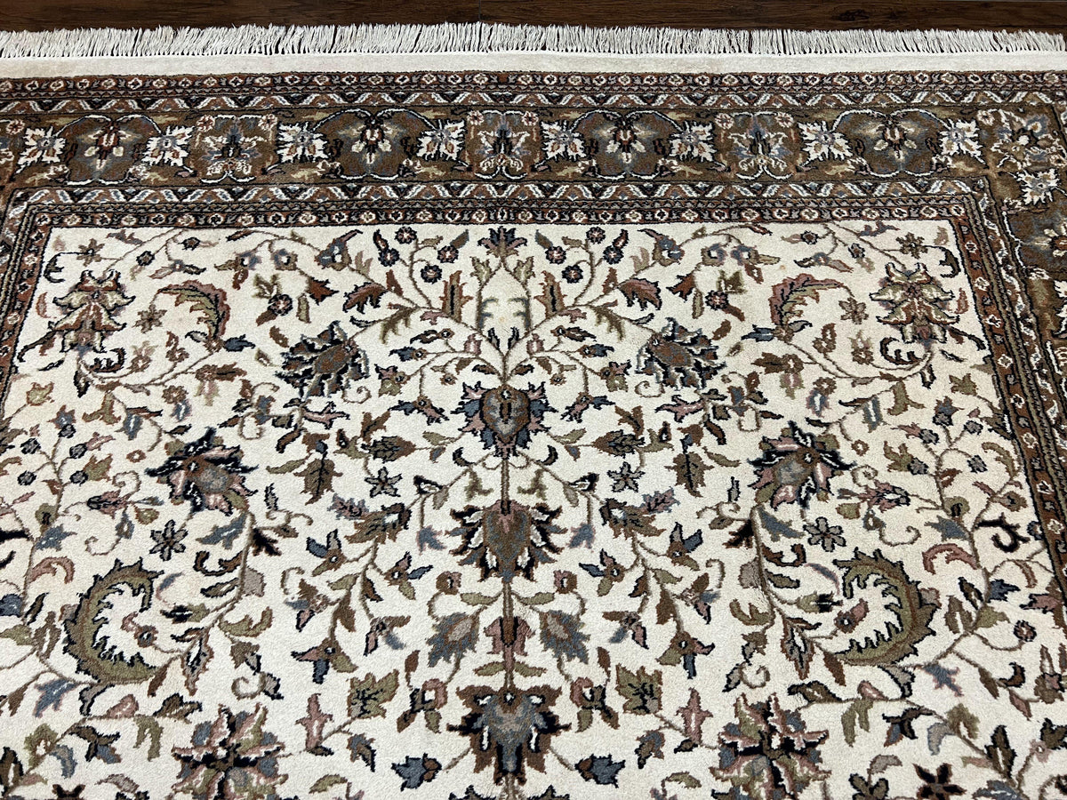 Indo Kirman Rug 8x12 Allover Floral Design, Ivory/Cream Brown, Vintage Handmade Hand Knotted Rug, Traditional Wool Persian Carpet 8 x 12 - Jewel Rugs, view 4