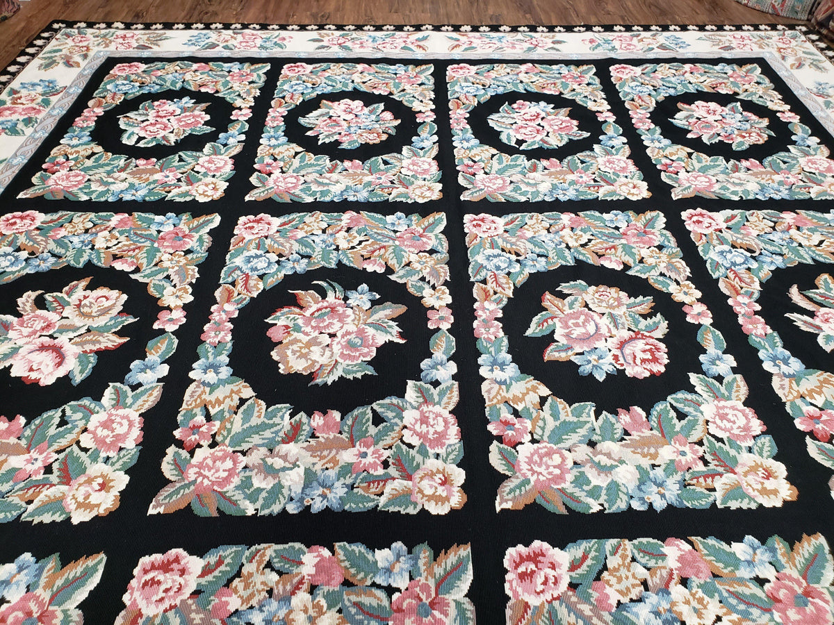 Floral Needlepoint Rug 9.5 x 13.6, Floral Panel Design, Black and Ivory Flatweave Aubusson Carpet, Multicolor - Jewel Rugs, view 13