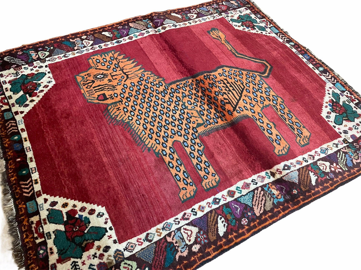 Antique Persian Gabbeh Wool Rug 4x5, Lion Pictorial Rug, Red Orange Black, Hand Knotted Handmade Vintage Gabbeh Carpet 4 x 5 ft, Tribal Rug - Jewel Rugs, view 2