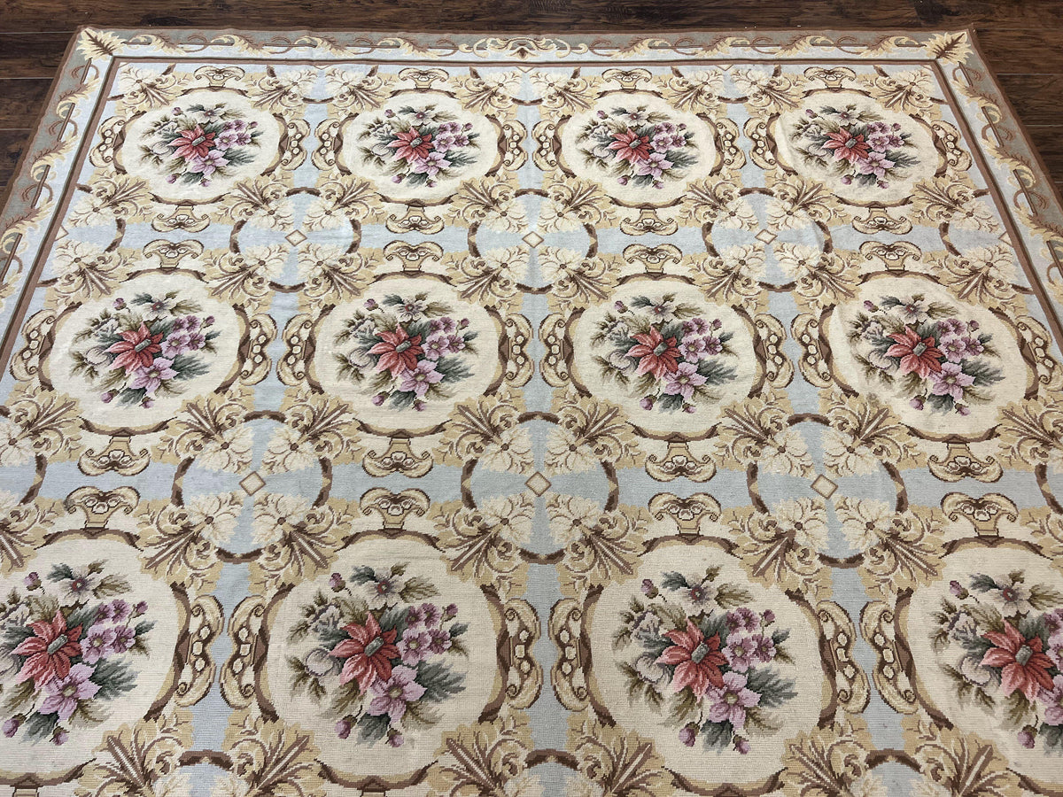 Chinese Needlepoint Rug 8x11, Handmade Wool Needlepoint Carpet, Vintage, Sky Blue - Jewel Rugs, view 12