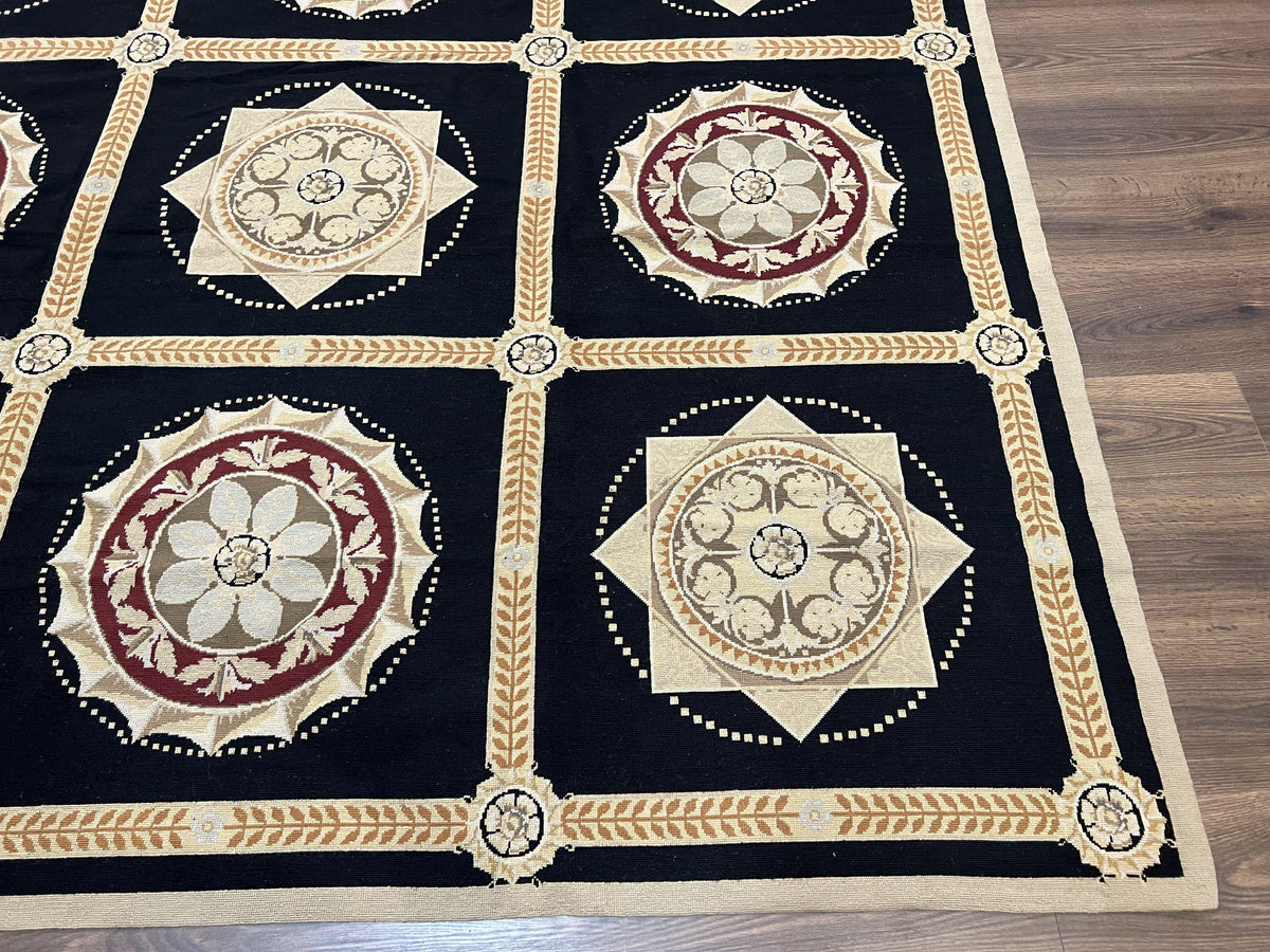 Large Needlepoint Rug 10x13, Panel Design, Black and Beige, Wool Needlepoint Carpet 10 x 13, English Garden, Handwoven Area Rug, Living Room - Jewel Rugs, view 10
