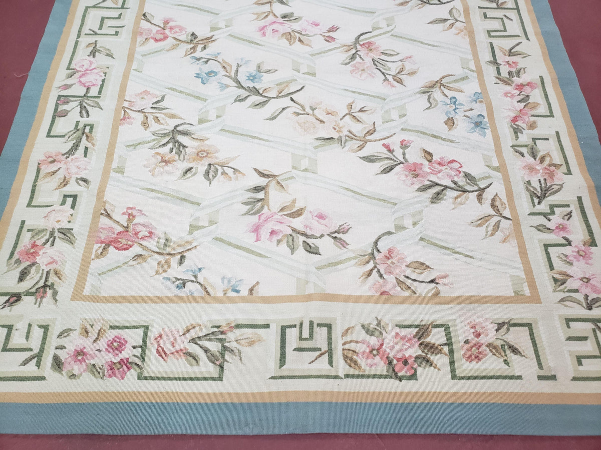 Vintage Aubusson Area Rug, Aubusson Flat weave Carpet, Floral Geometric Pattern, Beige Teal Green, 4x6 Rug, European Design - Jewel Rugs, view 12