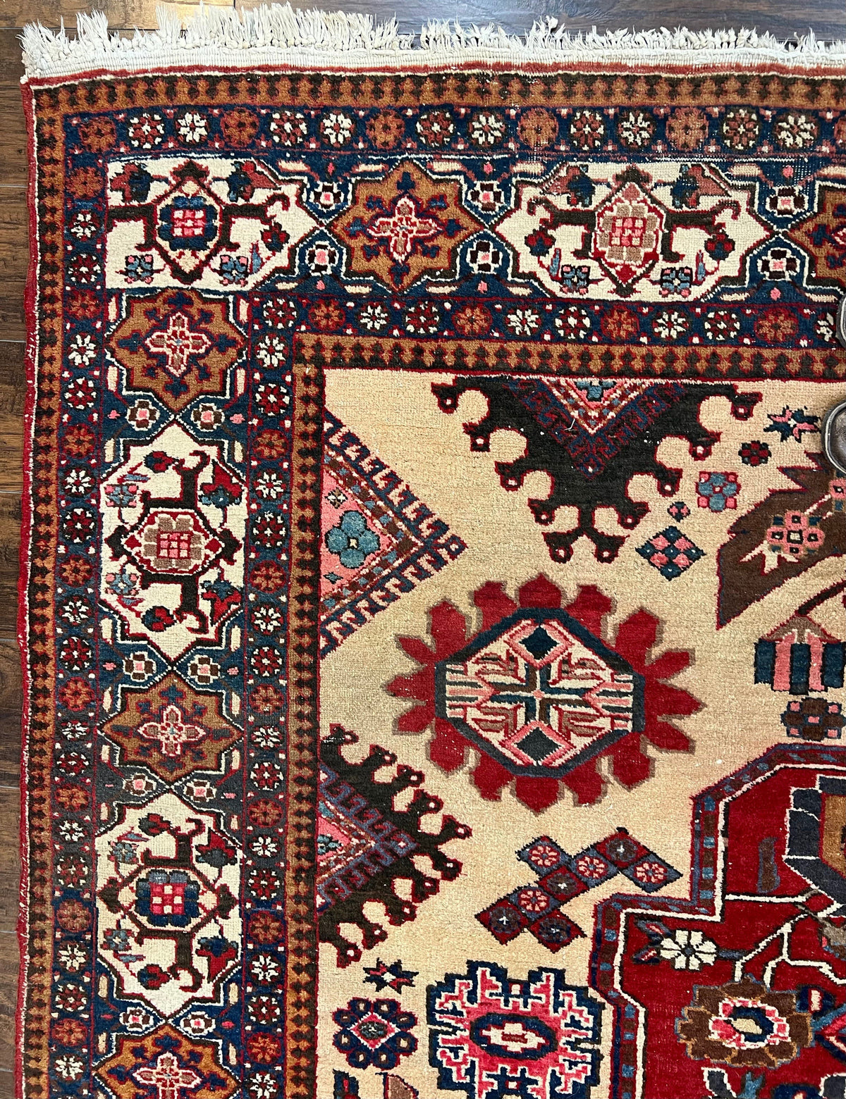 Antique Persian Heriz Rug 8x12 ft, Geometric Tribal Room Sized Carpet, Camel Hair Red Navy Blue, Wool Hand Knotted Medallion Oriental Carpet - Jewel Rugs, view 7