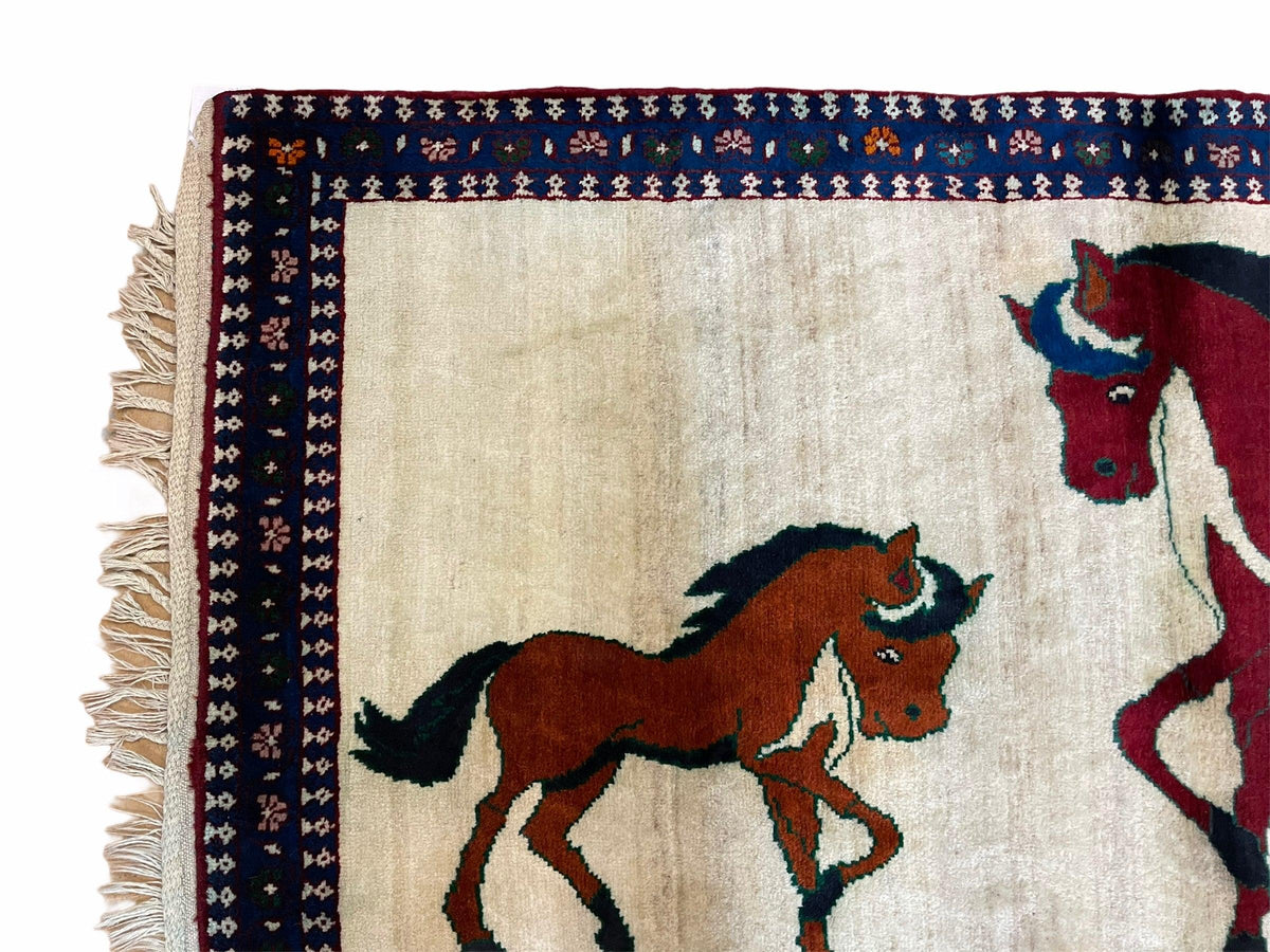 3.5 X 5 Handmade Hand-Knotted Quality Wool Pictorial Brown Horses Animal Rug - Jewel Rugs, view 3