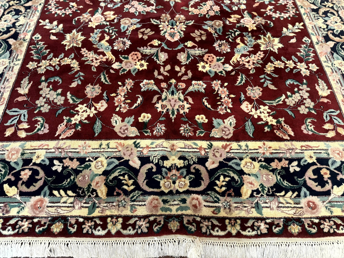 Indo Persian Rug 8x10, Floral Allover with Bird Pictorials, Maroon and Navy Blue, Handmade Wool Area Rug - Jewel Rugs, view 6