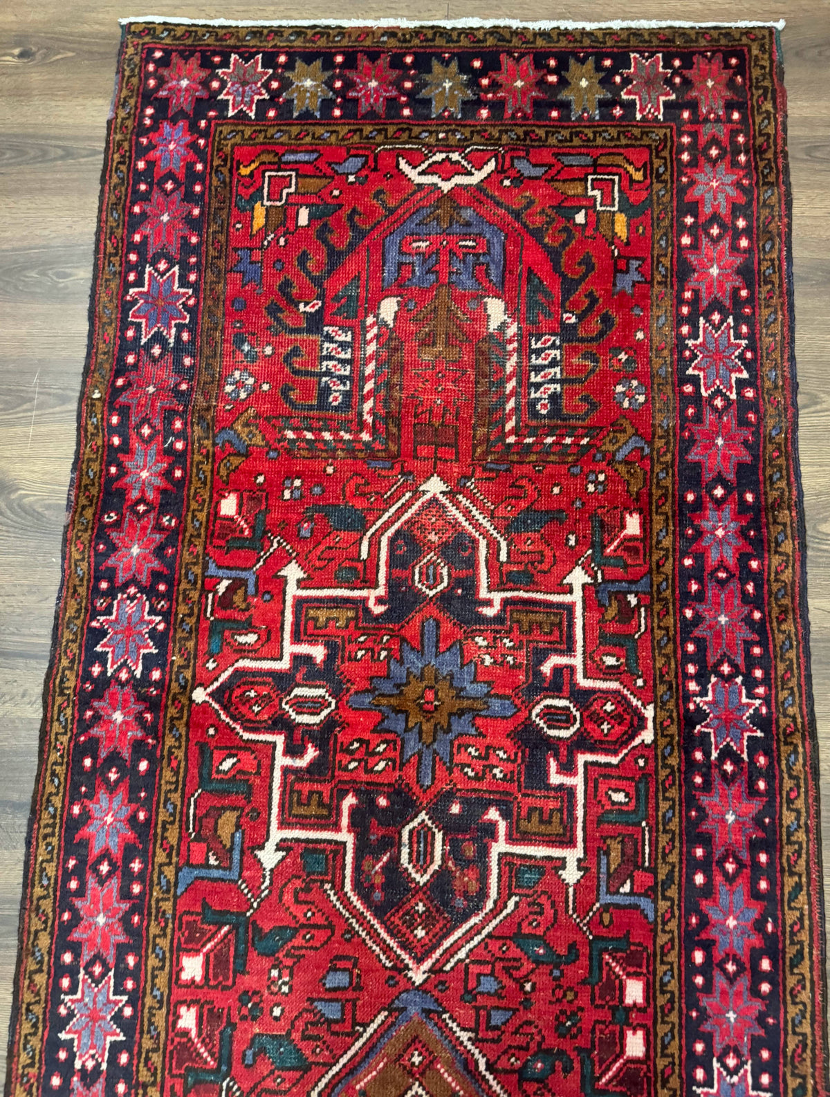 Persian Heriz Karajeh Runner Rug 3.7 x 12, Geometric Medallions, Red and Navy Blue - Jewel Rugs, view 7
