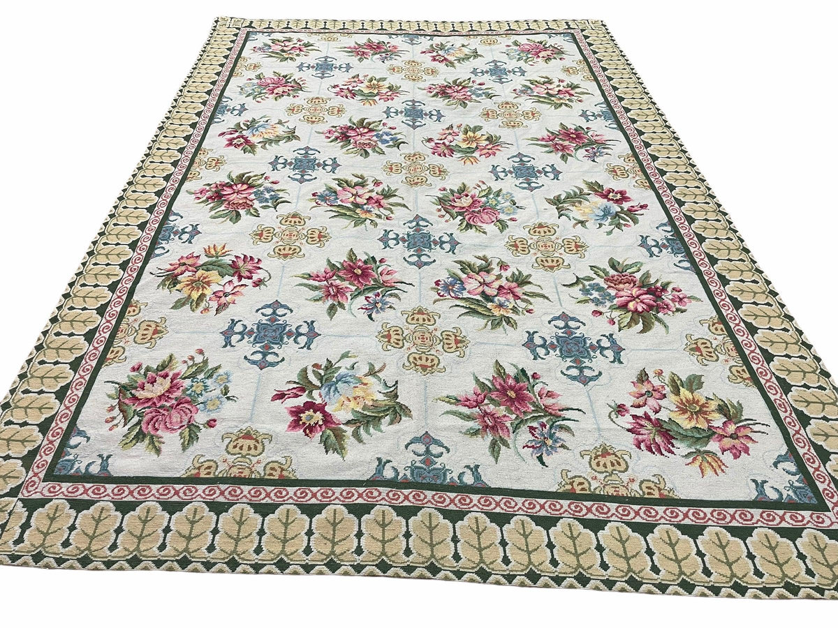 Hand-Knotted Needlepoint Carpet 6x9, Ivory/Cream Background, Colorful Flowers, Yellow Border, Aubusson Rug 6 x 9, New, Handmade - Jewel Rugs, view 11