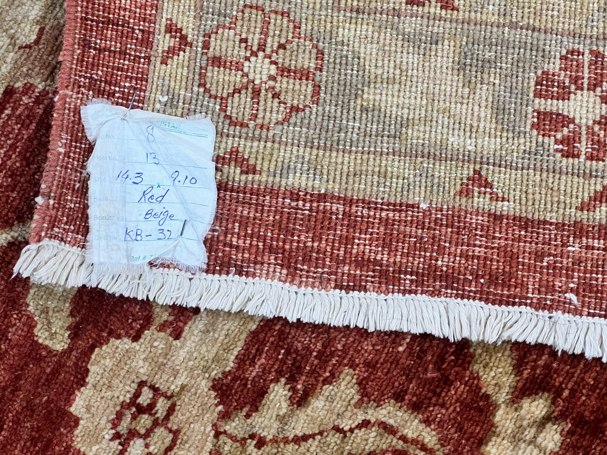 Pak Persian Rug 10x14, Sultanabad Mahal Peshawar Chobi Carpet, Large Vintage Wool Oriental Rug, Maroon & Beige, Floral Allover, Handmade - Jewel Rugs, view 11