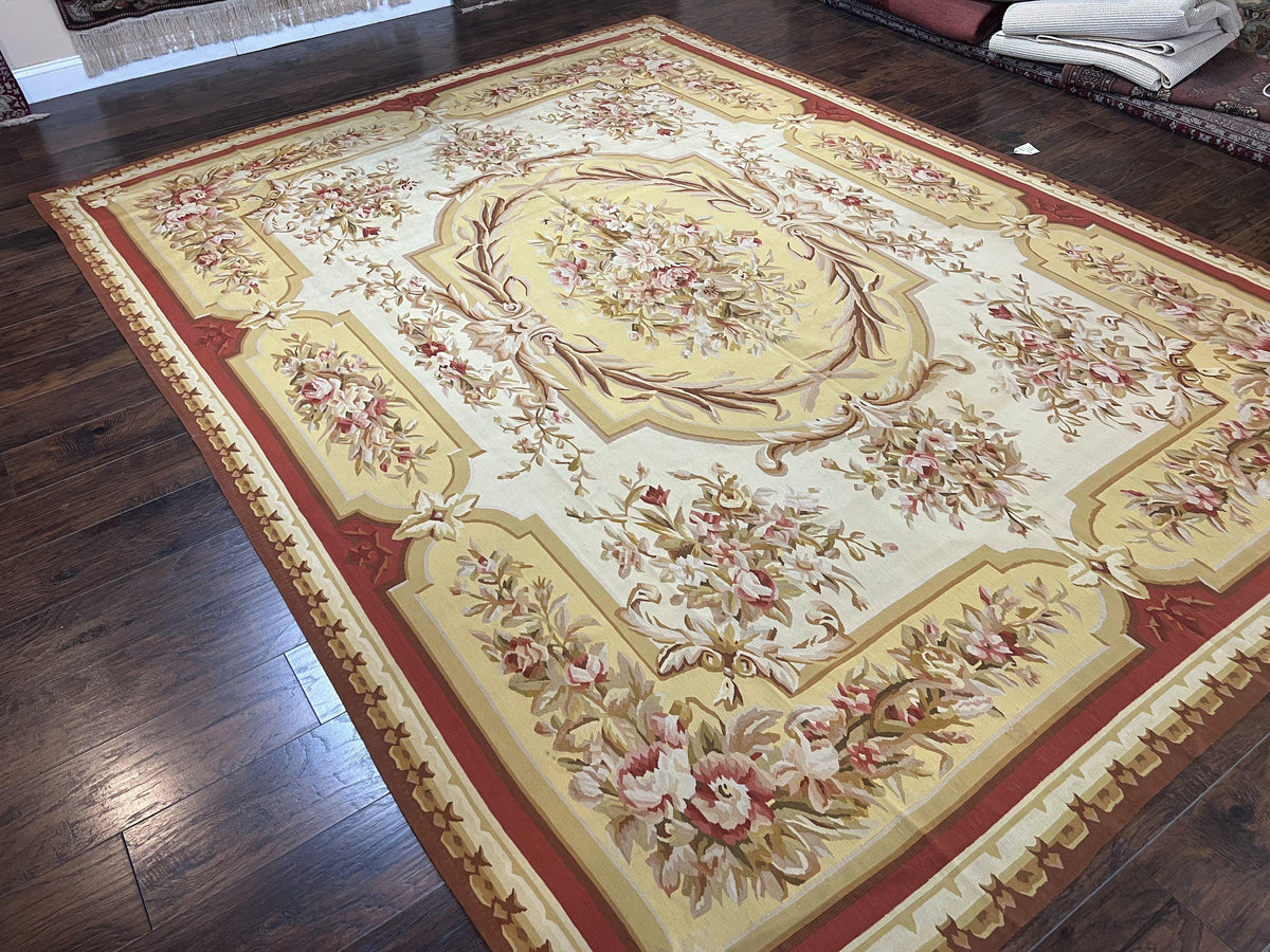 Aubusson Rug 9x12, Elegant Flatweave Savonnerie Carpet 9 x 12 ft, Ivory Light Yellow Red, Handmade Wool Flatweave French European Rug - Jewel Rugs, view 3