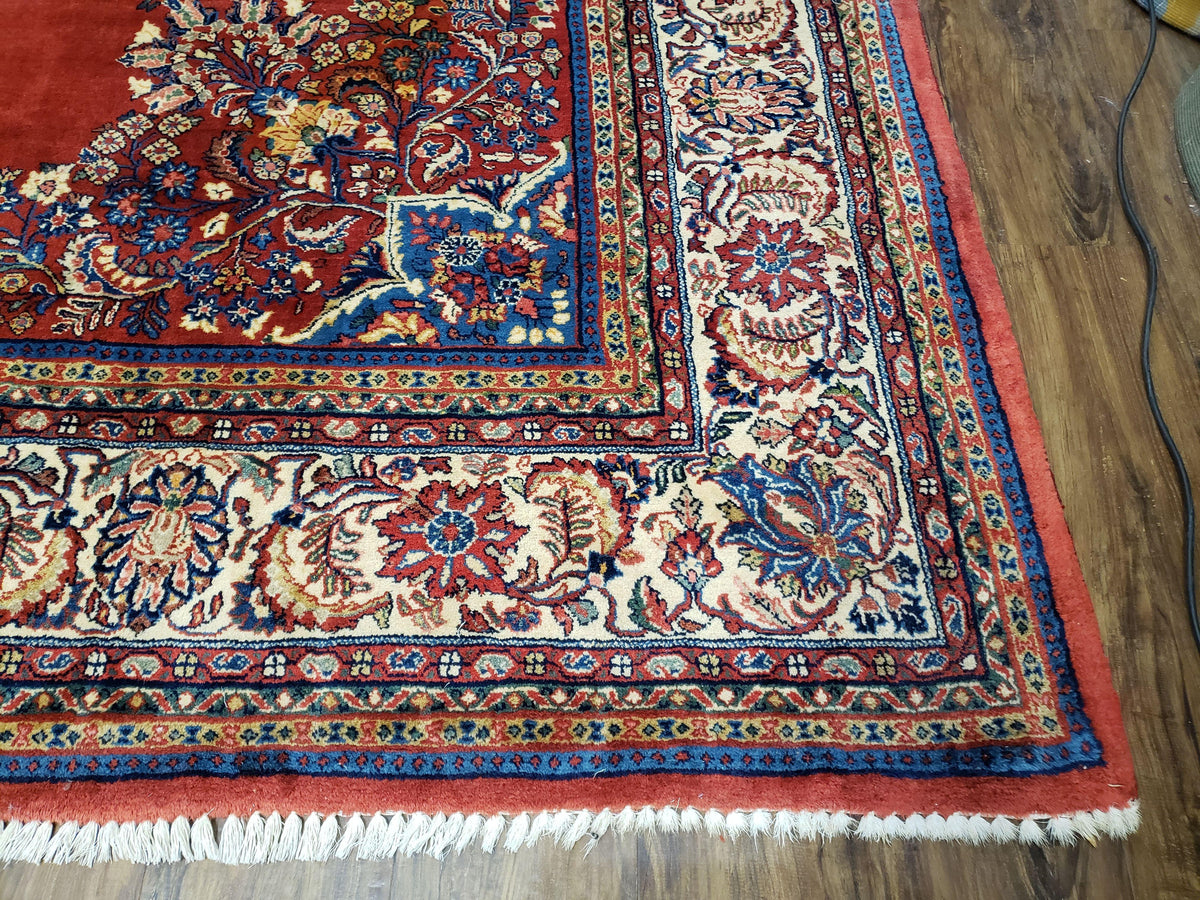 Semi Antique Persian Sarouk Rug 9x12, Semi Open Field with Central Medallion, Hand Knotted Wool, Tomato Red, 9 x 12 Authentic Oriental Carpet - Jewel Rugs, view 10
