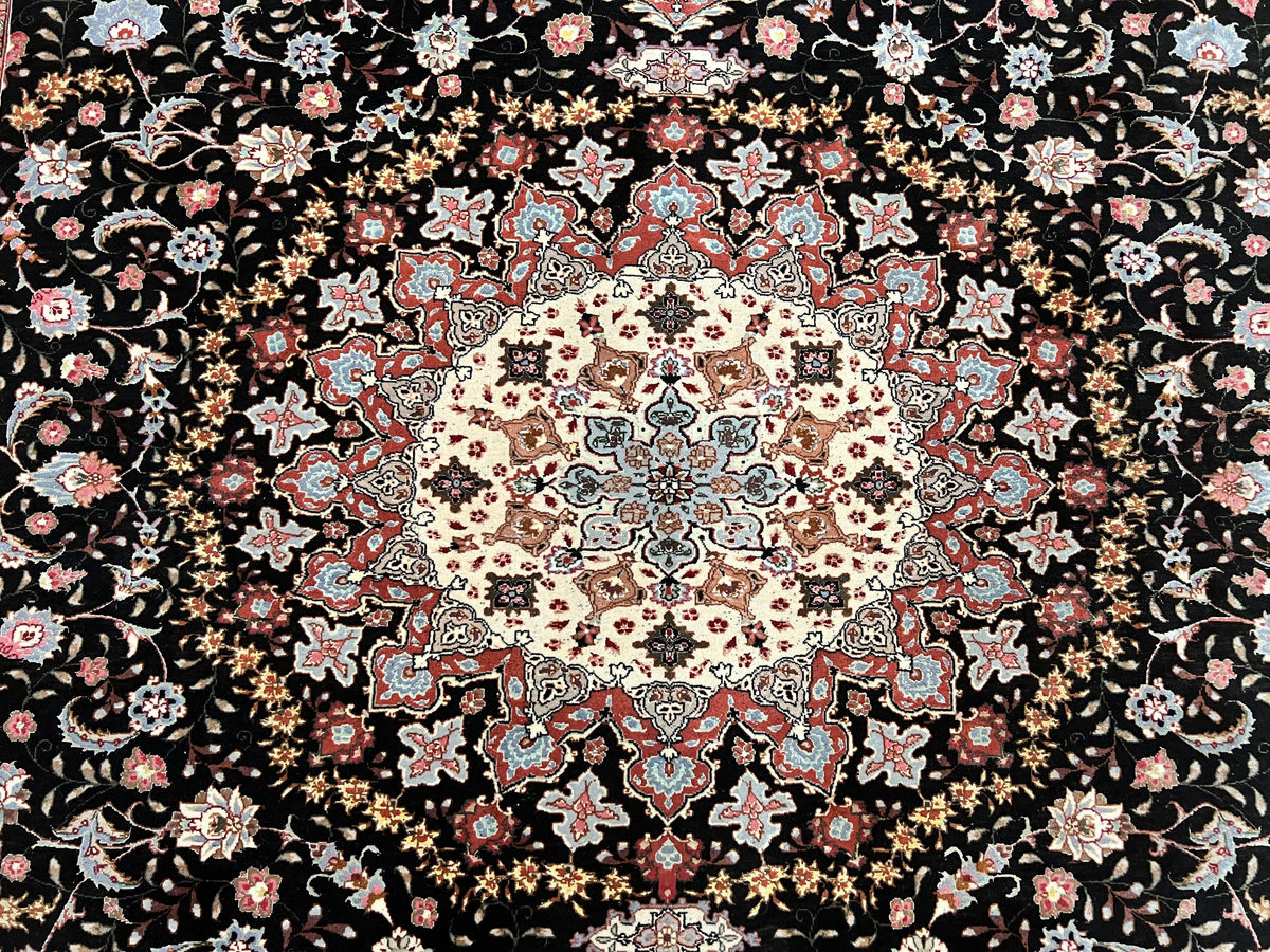 Marvelous Persian Tabriz Rug 7x10 ft, Super Fine 50 Raj, 300+ KPSI, Black and Rust Red, Floral Medallion Handmade Wool Oriental Carpet, Top Quality - Jewel Rugs, view 6