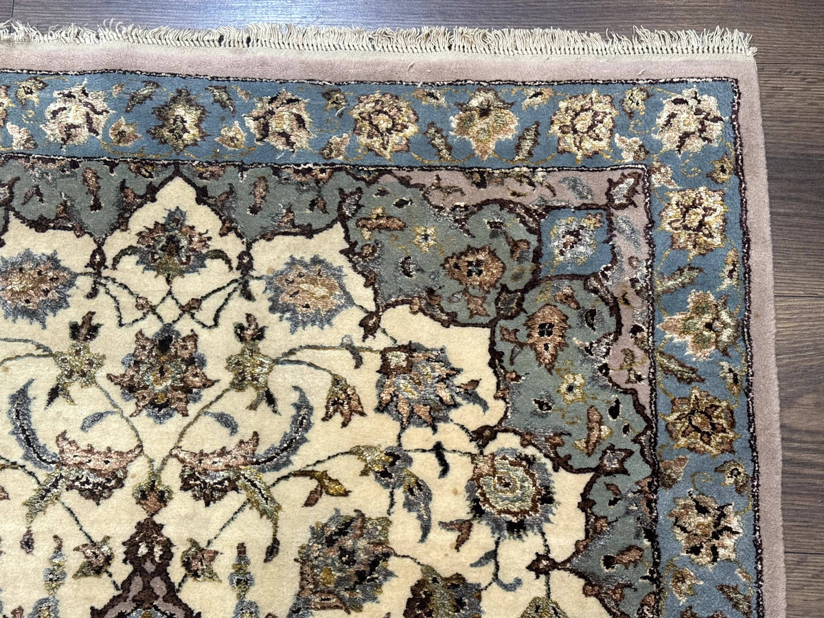 Persian Isfahan Rug 3x5, Fine 310 KPSI, Kork Wool Silk Foundation, Cream & Light Green - Jewel Rugs, view 7
