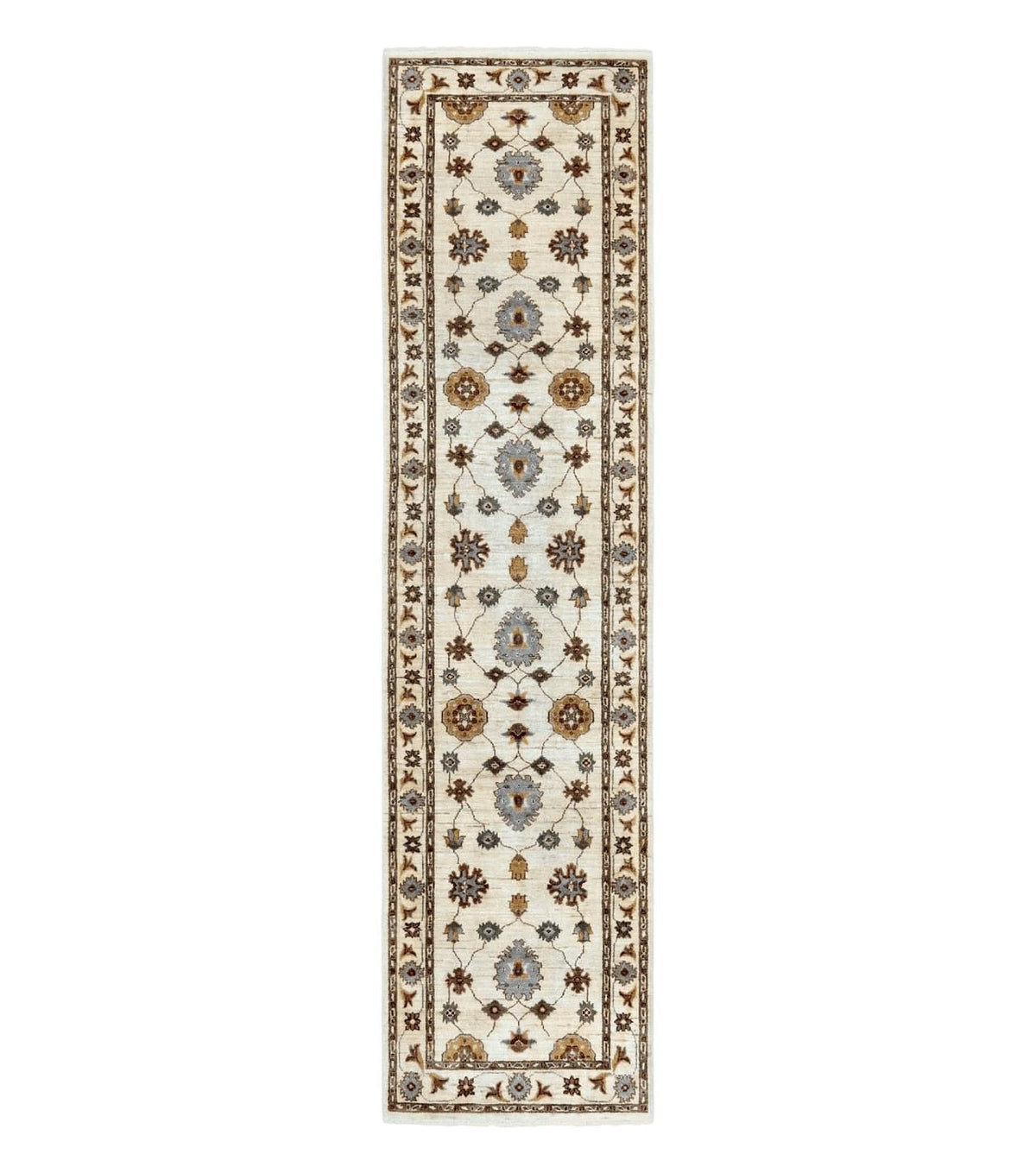 Peshawar Runner 2.7 x 10, Beige Floral Hand Knotted Vintage Wool Oriental Runner, Hallway Rug, Farmhouse Rug, Neutral Colors - Jewel Rugs