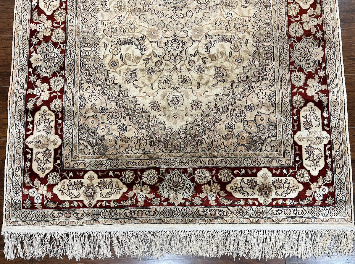 Silk Indian Kashmiri Rug 4x6 ft, Floral Medallion Hand Knotted Handmade Oriental Carpet, Vintage, Cream Burgundy, Very Fine Silk Rug 4 x 6 - Jewel Rugs, view 5